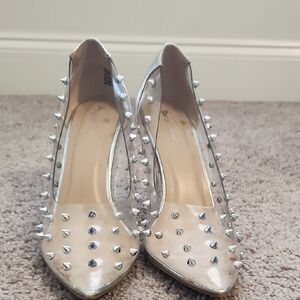 Silver High Heels with Studded Design and Pointed Toe
